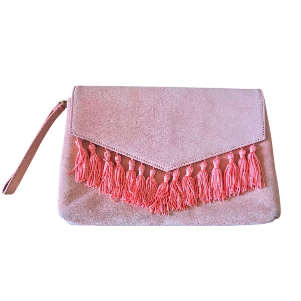 White House Black Market Suede Tassel Clutch in Gelato Pink